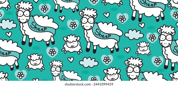 Cute seamless pattern with sheeps, cloud, flowers and hearts. Seamless pattern For wrapping paper, fabric, textile, wallpaper, card, print. Vector illustration.