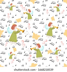 Cute seamless pattern with sheet music, yellow butterflies, treble clef and angels with trumpet. Vector hand drawn illustration.