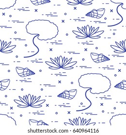 Cute seamless pattern with shells and flowers and leaves lilies. Design for poster or print.