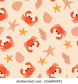 Cute seamless pattern with shells, starfish and crabs on the sand. Beach summer illustration. Vector background with ocean animals 