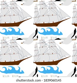 
Cute seamless pattern with ship, seagull, sea wave on a white background. Marine items in a flat style.
Stock vector illustration for decor and design, textiles,
wallpaper, wrapping paper