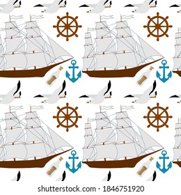
Cute seamless pattern with ship, seagull, bottle mail, steering wheel, anchor on a white background. Marine items in a flat style.
Stock vector illustration for decor and design, textiles,
wallpaper