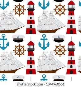 
Cute seamless pattern with ship, steering wheel, anchor, peaked cap, lighthouse on a white background. Marine items in a flat style.
Stock vector illustration for decor and design, textile,
wallpaper