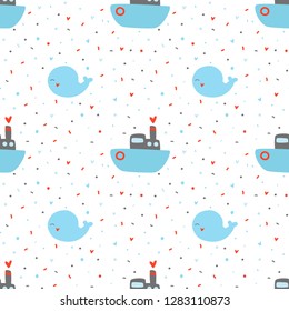Cute seamless pattern with ship and whale. Print for kids. Vector illustration.