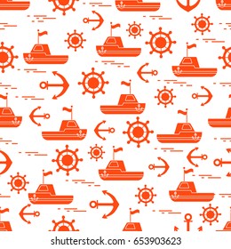 Cute seamless pattern with ships, steering wheels, anchors, flags. Marine theme. Design for poster or print.