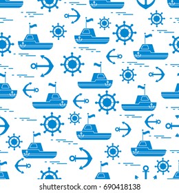 Cute seamless pattern with ships, steering wheels, anchors, flags. Marine theme. Design for poster or print.