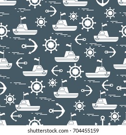 Cute seamless pattern with ships, steering wheels, anchors, flags. Marine theme. Design for poster or print.