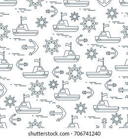 Cute seamless pattern with ships, steering wheels, anchors, flags. Marine theme. Design for poster or print.