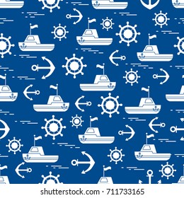 Cute seamless pattern with ships, steering wheels, anchors, flags. Marine theme. Design for poster or print.