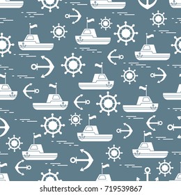 Cute seamless pattern with ships, steering wheels, anchors, flags. Marine theme. Design for poster or print.