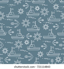 Cute seamless pattern with ships, steering wheels, anchors, flags. Marine theme. Design for poster or print.