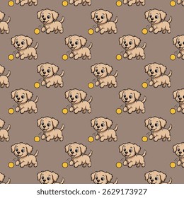 Cute seamless pattern showcasing happy puppies playing with yellow balls on a warm taupe background. This delightful design is perfect for children’s clothing, nursery decor, pet-related products