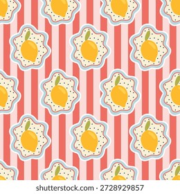 Padrão perfeito bonito com ícones de limão siciliano no fundo listrado vermelho. Ornamento de doodle elegante para têxteis de cozinha, embalagem de presente e tecido. Moderno design minimalista de citrinos para projetos de verão