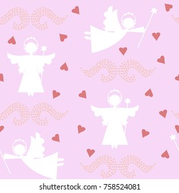 Cute seamless pattern with a silhouette of angels and hearts for Valentines day. Vector background.