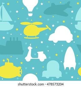 Cute seamless pattern with silhouette of transport. Vector illustration