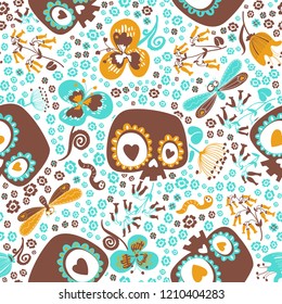 Cute seamless pattern with silhouettes of cartoon sugar skulls, blooming summer plants, goggle eyed butterflies and worms against white background. Vector illustration for wrapping paper, wallpaper