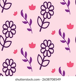 Cute seamless pattern with simple fuchsia-colored doodle flowers and leaves. A sweet botanical design for kids' fabric, nursery decor, and scrapbooking.