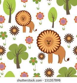 Cute seamless pattern with simple lion, tree and flowers on white background