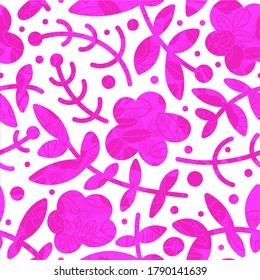 Cute seamless pattern with simple pink flowers, leaves and dots with gentle floral texture. Bright hand drawn vector illustration.