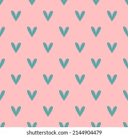 Cute seamless pattern with simple small blue heart on pink. Trendy hand-drawn colorful hearts. Valentine's day, love concept. Minimalistic repeatable vector design for stationery, textile, web design