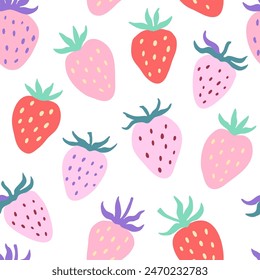 Cute seamless pattern with simple strawberry elements in delicate pastel colors. Vector illustration.