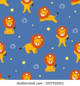 Cute seamless pattern with sitting, running, jumping baby lions on night blue background with stars. Kawaii print with african leo cubs for fashion kids textile. Vector cartoon illustration