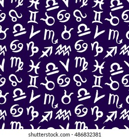 cute seamless pattern of sketch zodiac signs on a dark blue background. hand-drawn illustration