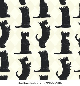 Cute seamless pattern with sketches of four cute Scottish terriers in different poses. Hand drawn cartoon dogs begging for a treat.