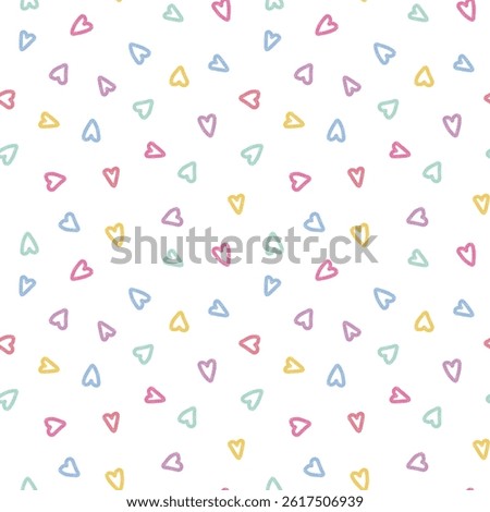 Cute seamless pattern with sketchy rainbow hearts. Crayon texture, playful colors. Designed for children products, baby shower themes, wallpapers, surface prints, fun packaging, scrapbook 
