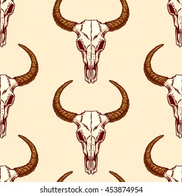 cute seamless pattern of skulls bull on a yellow background. hand-drawn illustration