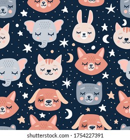 Cute seamless pattern with sleeping animals heads and flowers. Hand drawn background with animal for children, fabric, stationery, clothes and pajamas in the Scandinavian style.