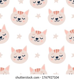 Cute seamless pattern with sleeping cats heads and stars. Hand drawn background with animal for children, fabric, stationery, clothes and pajamas in the Scandinavian style.