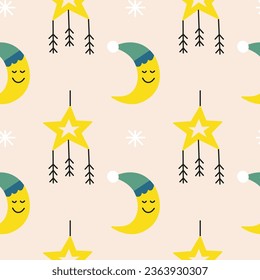 Cute seamless pattern with sleeping crescent moon and stars. Minimalist Scandinavian good night background.