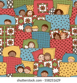 Cute seamless pattern with sleeping kids, funny hand drawn doodle faces and blankets