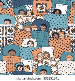 Cute seamless pattern with sleeping kids, funny hand drawn doodle faces and blankets