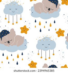 Patrón perfecto con adorables koalas durmientes, nubes, lunas y gotas. 