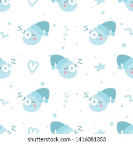 Cute seamless pattern with sleeping moons in night caps, hearts, stars, zigzags, dots. White background. Doodle style illustration. Vector.