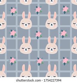 Cute seamless pattern with sleeping rabbits heads and flowers. Hand drawn background with animal for children, fabric, stationery, clothes and pajamas in the Scandinavian style.