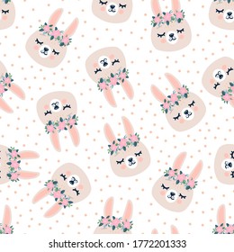 Cute seamless pattern with sleeping rabbits heads, flowers and hearts. Hand drawn background with animal for valentines day, children, fabric, stationery, clothes and pajamas in Scandinavian style.