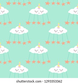 Cute Seamless Pattern with sleeping Unicorn Clouds