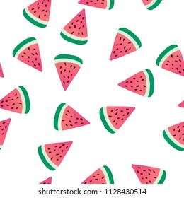 Cute seamless pattern with slices of watermelon. White background. Vector illustration.