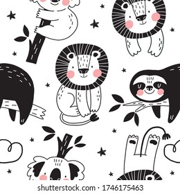 Cute Seamless pattern with Sloth, Lion, Koala in scandinavian style. Monochrome vector print for baby  with sloth, Lion, Koala
