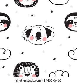 Cute Seamless pattern with Sloth, Lion, Koala in scandinavian style. Monochrome vector print for baby  with sloth, Lion, Koala