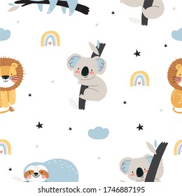 Cute Seamless pattern with Sloth, Lion, Koala in scandinavian style. Boho vector print for baby  with sloth, Lion, Koala