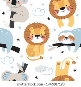 Cute Seamless pattern with Sloth, Lion, Koala in scandinavian style. Boho vector print for baby  with sloth, Lion, Koala