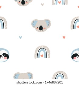 Cute Seamless pattern with Sloth, Lion, Koala in scandinavian style. Boho vector print for baby  with sloth, Lion, Koala