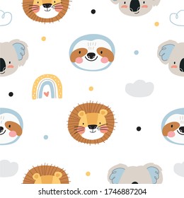 Cute Seamless pattern with Sloth, Lion, Koala in scandinavian style. Boho vector print for baby  with sloth, Lion, Koala