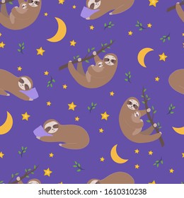 Cute seamless pattern with sloth,  mother with baby animal, animals slepping, moon and stars, textile, fabric, wrapping paper design