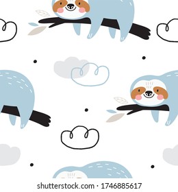 Cute Seamless pattern with Sloth in scandinavian style. Monochrome vector print for baby  with sloth.