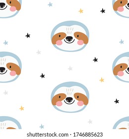 Cute Seamless pattern with Sloth in scandinavian style. Monochrome vector print for baby  with sloth.